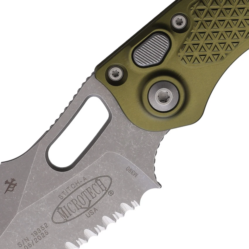 Microtech Stitch Automatic Knife OD Green Aluminum (3.75" Apocalyptic Serr), Microtech Stitch Automatic Knife OD Green Aluminum (3.75" Apocalyptic Serr) for Sale, Microtech Stitch Automatic Knife OD Green Aluminum (3.75" Apocalyptic Serr)