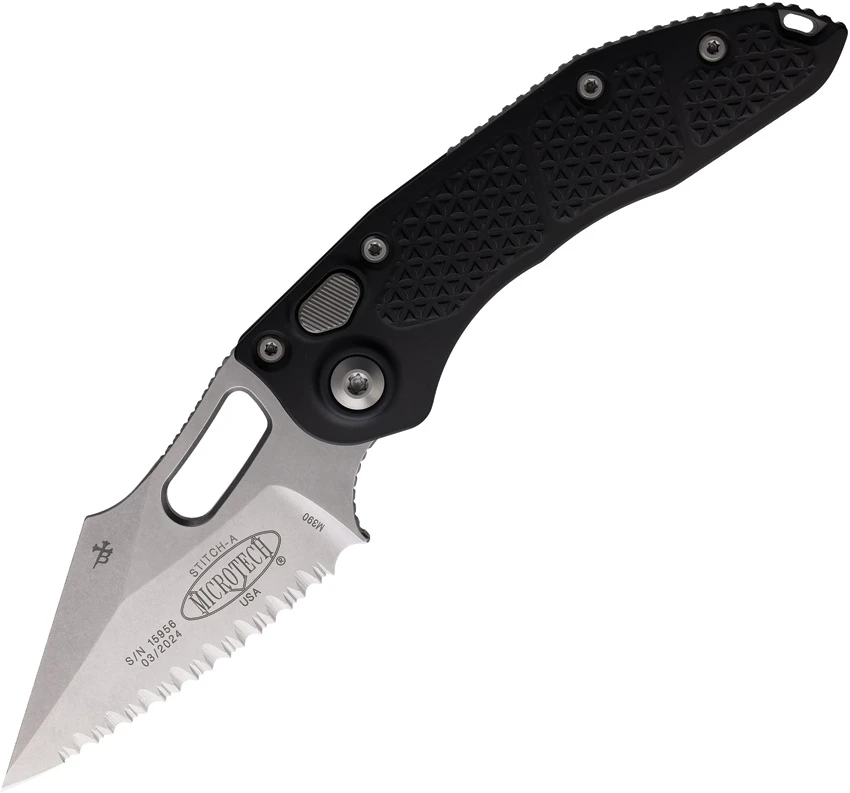 Microtech Stitch Automatic Knife Black (3.75" Stonewash Full Serr) 169-12, Microtech Stitch Automatic Knife Black (3.75" Stonewash Full Serr) 169-12 for Sale, Microtech Stitch Automatic Knife Black (3.75" Stonewash Full Serr) 169-12