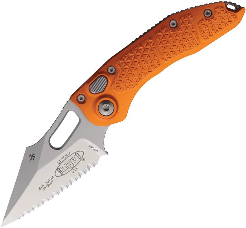 Microtech Stitch Automatic Knife Orange Aluminum (3.75" Stonewash Full Serr), Microtech Stitch Automatic Knife Orange Aluminum (3.75" Stonewash Full Serr) for Sale, Microtech Stitch Automatic Knife Orange Aluminum (3.75" Stonewash Full Serr)