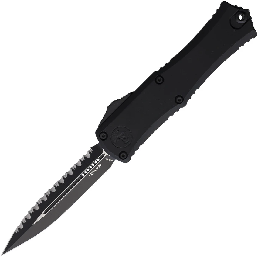 Microtech Hera II Mini D/E OTF Automatic Knife Black Al (2.9" Black Full Serr), Microtech Hera II Mini D/E OTF Automatic Knife Black Al (2.9" Black Full Serr) for Sale, Microtech Hera II Mini D/E OTF Automatic Knife Black Al (2.9" Black Full Serr)