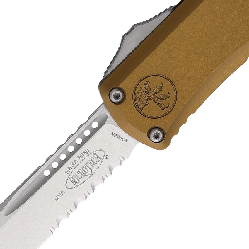 Microtech Auto Hera II Mini OTF Tan Aluminum (3" Stonewash Serrated), Microtech Auto Hera II Mini OTF Tan Aluminum (3" Stonewash Serrated) for Sale, Microtech Auto Hera II Mini OTF Tan Aluminum (3" Stonewash Serrated)