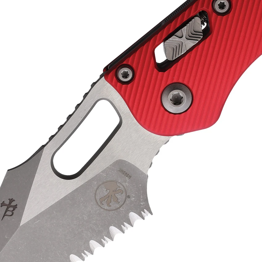 Microtech Stitch Ram-Lok Knife Fluted Red Aluminum (3.7" Apocalyptic Serrated), Microtech Stitch Ram-Lok Knife Fluted Red Aluminum (3.7" Apocalyptic Serrated) for Sale, Microtech Stitch Ram-Lok Knife Fluted Red Aluminum (3.7" Apocalyptic Serrated)
