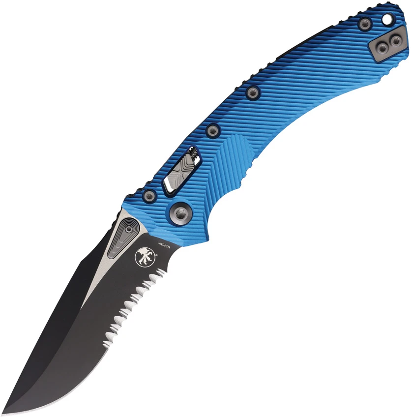 Microtech Amphibian Ram-Lok Knife Fluted Blue Aluminum (3.9" Two-Tone Serr), Microtech Amphibian Ram-Lok Knife Fluted Blue Aluminum (3.9" Two-Tone Serr) for Sale, Microtech Amphibian Ram-Lok Knife Fluted Blue Aluminum (3.9" Two-Tone Serr)