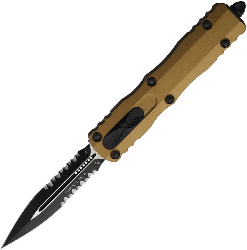 Microtech Dirac D/E OTF Automatic Knife Tan Aluminum (2.9" Black Serr), Microtech Dirac D/E OTF Automatic Knife Tan Aluminum (2.9" Black Serr) for Sale, Microtech Dirac D/E OTF Automatic Knife Tan Aluminum (2.9" Black Serr)