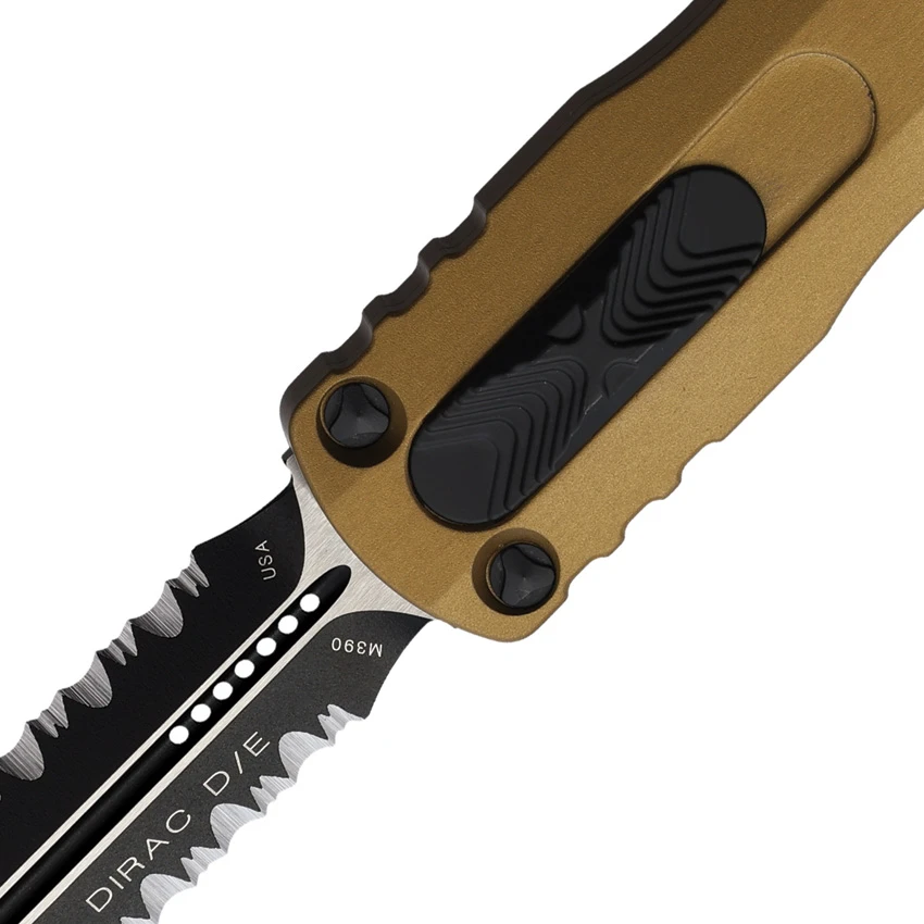 Microtech Dirac D/E OTF Automatic Knife Tan Aluminum (2.9" Black Serr), Microtech Dirac D/E OTF Automatic Knife Tan Aluminum (2.9" Black Serr) for Sale, Microtech Dirac D/E OTF Automatic Knife Tan Aluminum (2.9" Black Serr)