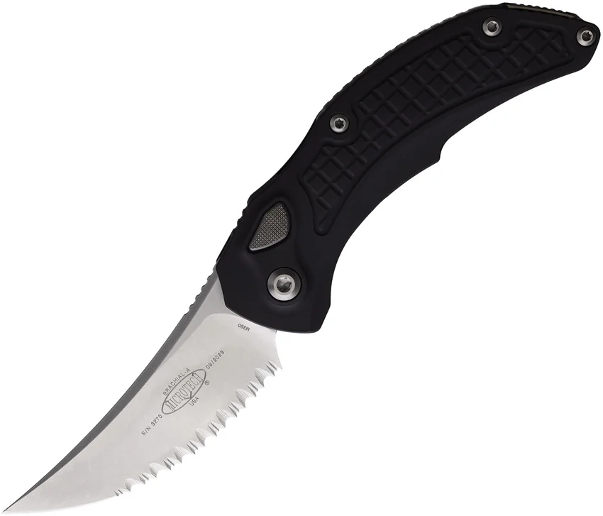 Microtech Brachial Automatic Knife Black Aluminum (3.25" Serrated Stonewash)
