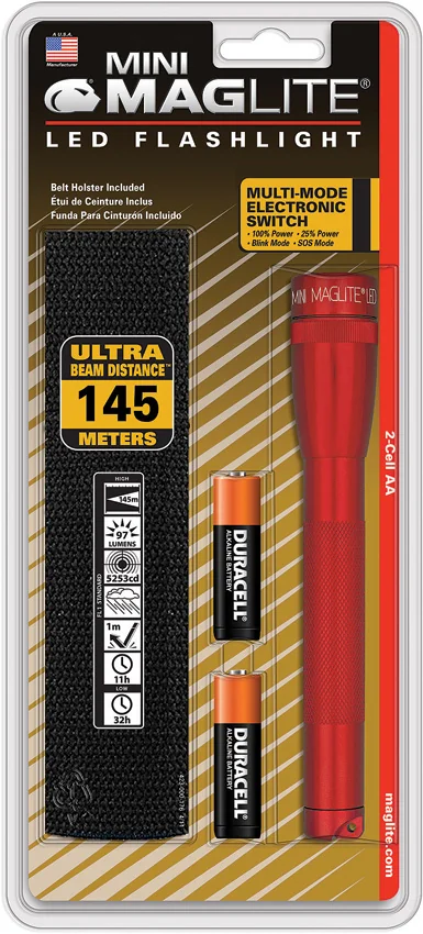 Mag-Lite Mini Maglite 2 AA Cell LED Flashlight Red (127 Lumens) w/ Belt Holster