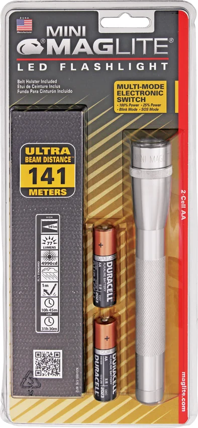 Mag-Lite Mini Maglite 2 AA Cell LED Flashlight Silver (77 Lumens) w/Belt Holster