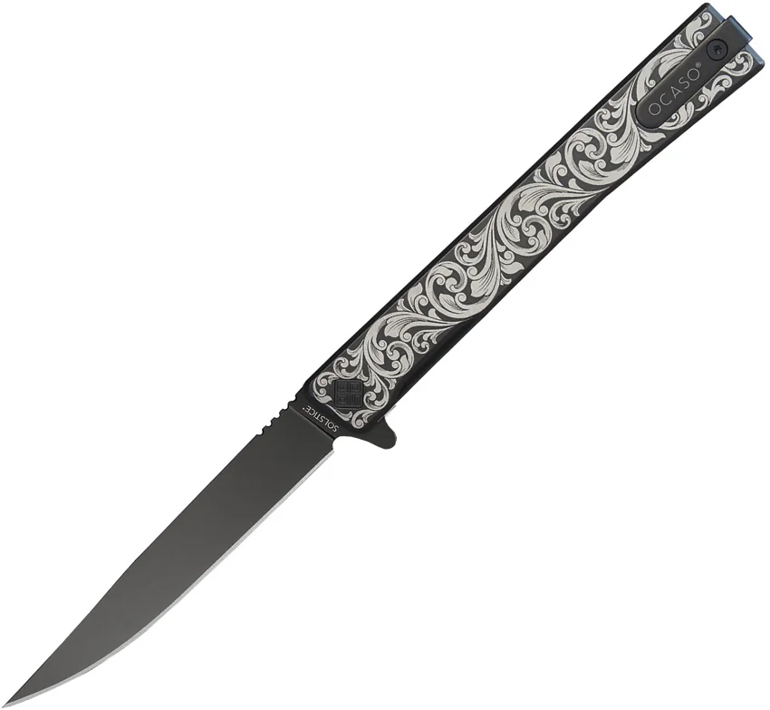 Ocaso Solstice Liner Lock Knife Scroll Engraved Black Ti (3.5" Black) 10ESB