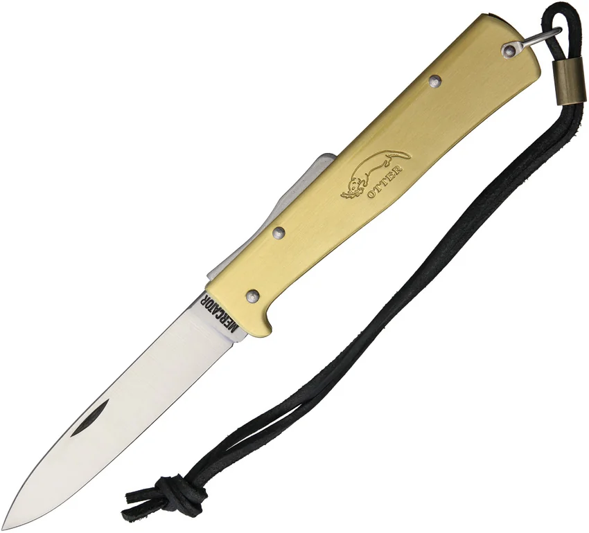 Otter Mercator Lockback Folding Knife Brass w/ Lanyard (3.5" Satin) CS