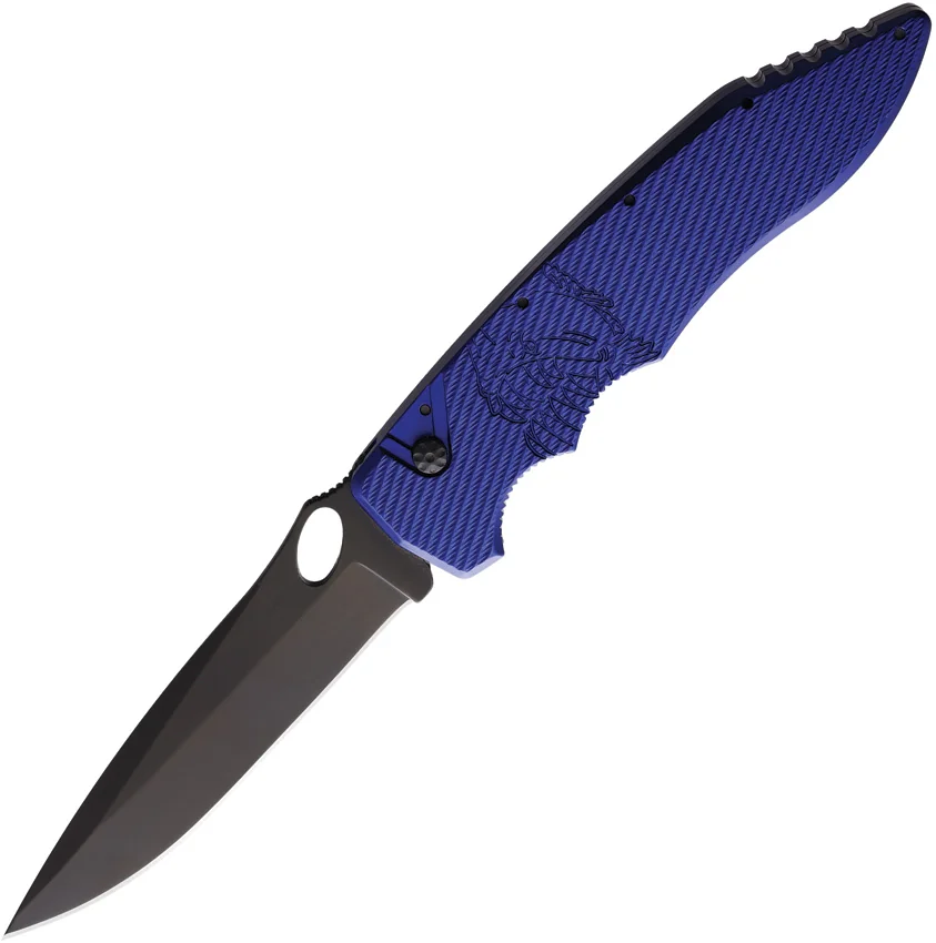 Piranha Predator Automatic Tactical Knife Blue Aluminum (4.1" Black)