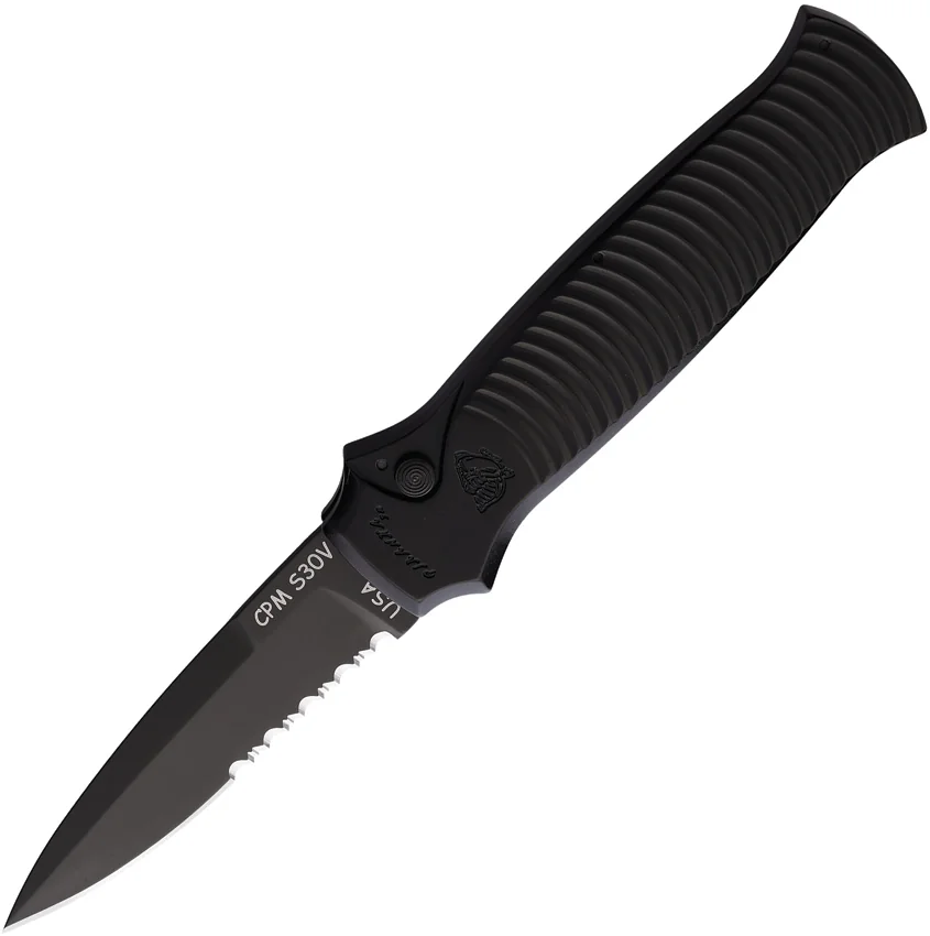 Piranha Bodyguard Automatic Knife Black Tactical (3.3" Black Serr)