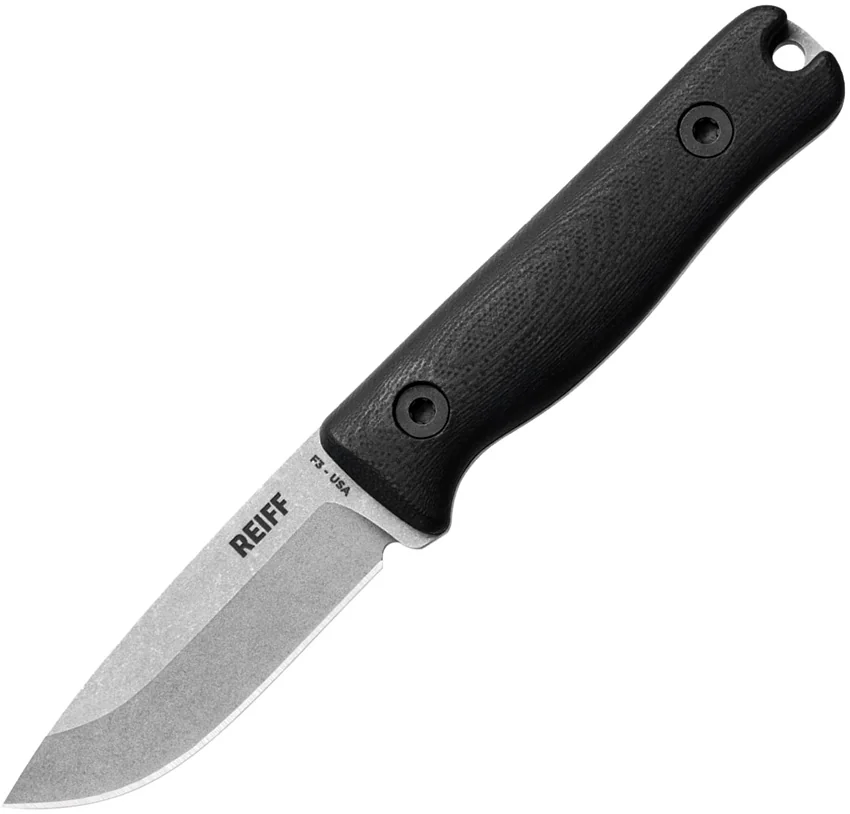 Reiff Knives F3 EDC Fixed Blade Knife Black G-10 w/Leather Sheath (2.9" SW)
