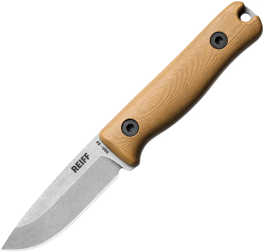 Reiff Knives F3 EDC Fixed Blade Knife Coyote G-10 w/Leather Sheath (2.9" SW)