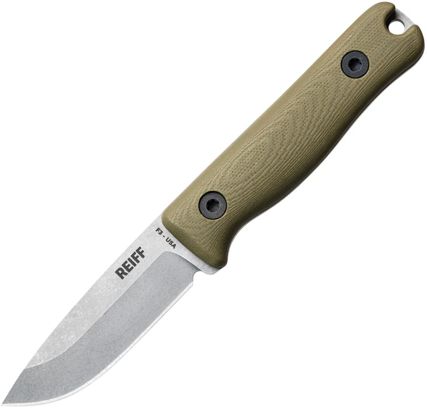 Reiff Knives F3 EDC Fixed Blade Knife OD Green G-10 w/Leather Sheath (2.9" SW)