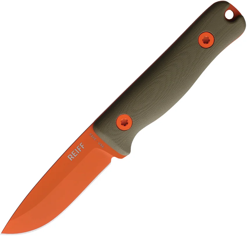 Reiff Knives F3XC EDC Bushcraft Survival Knife OD Green G-10 (2.9" Orange)