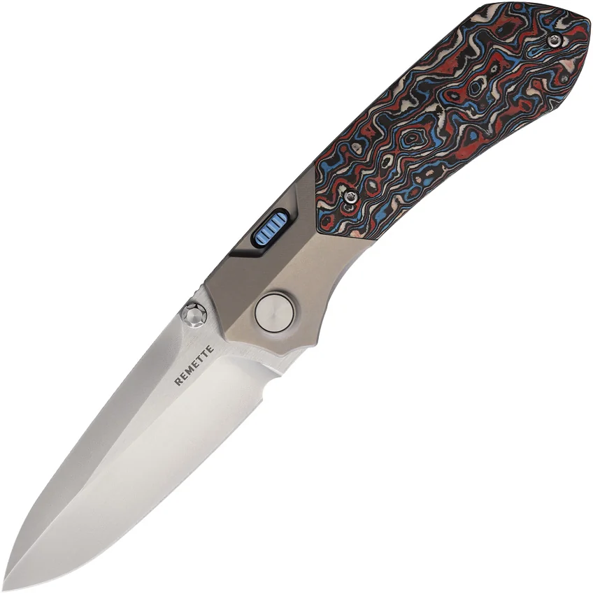 REMETTE RT-Meteor Button Frame Lock Knife Ti + Red/White/Blue CF (3.25" Satin)