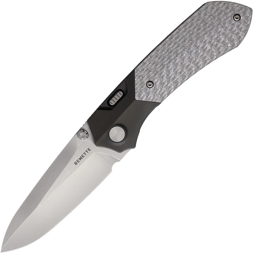 REMETTE RT-Meteor Button Frame Lock Knife Black Titanium + Gray CF (3.25" Satin)