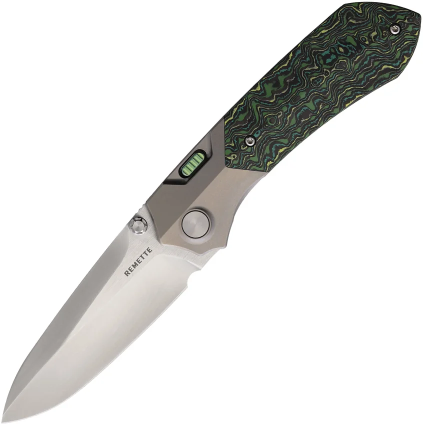 REMETTE RT-Meteor Button Frame Lock Knife Ti + Green/Black CF (3.25" Satin)