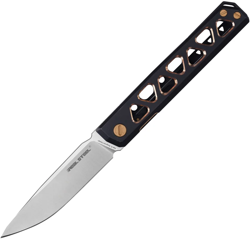 Real Steel Burns Frame Lock Knife Black/Gold Titanium (3.5" Satin VG10)