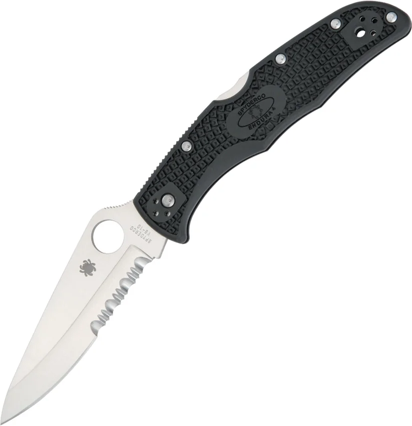 Spyderco Endura 4 Knife Black FRN Folder (3.75" Satin Serr) C10PSBK