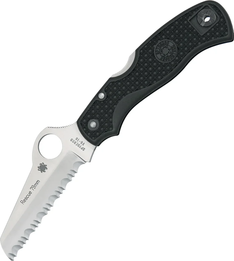Spyderco Rescue 79 mm Lockback Knife Black FRN (3.125" Satin Serr) C45SBK