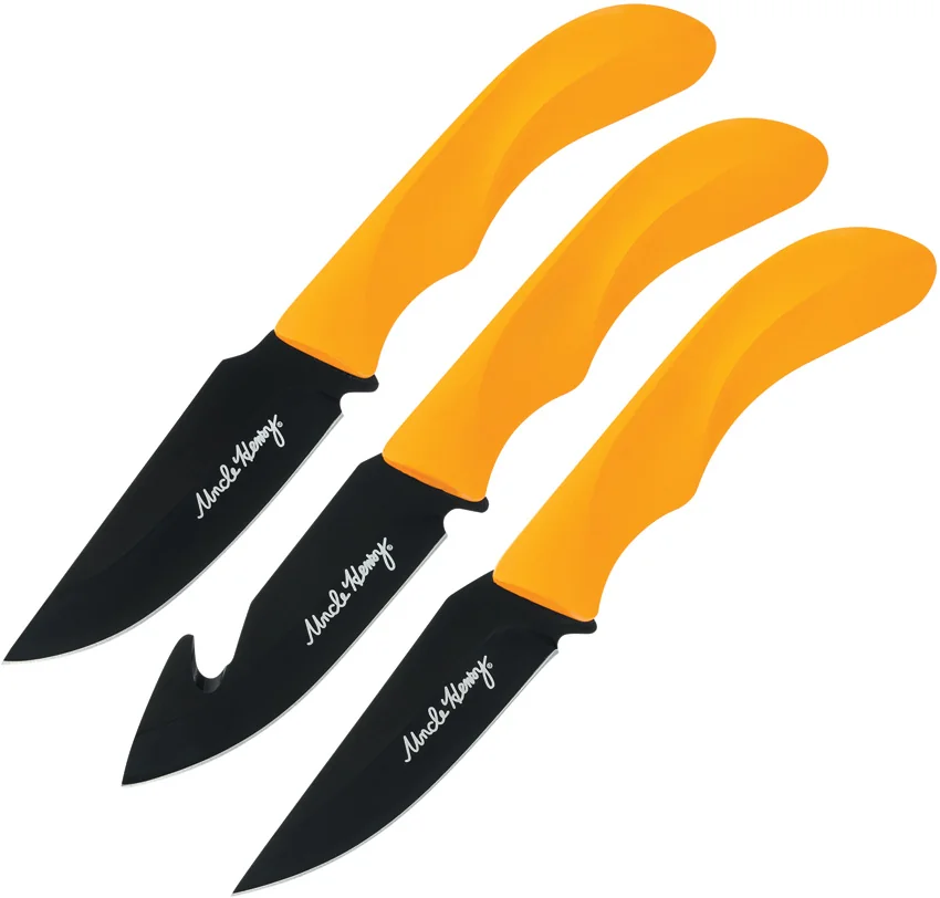 Schrade 3-Piece Hunting Knife Set – Black Finish Stainless Blade with Orange ABS