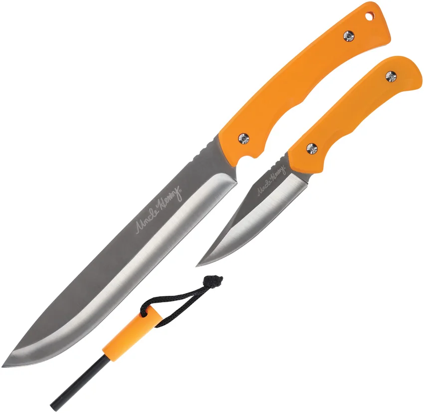 Schrade Uncle Henry 3 Piece Bowie Knife & Skinner Knife & Ferro Rod - Orange