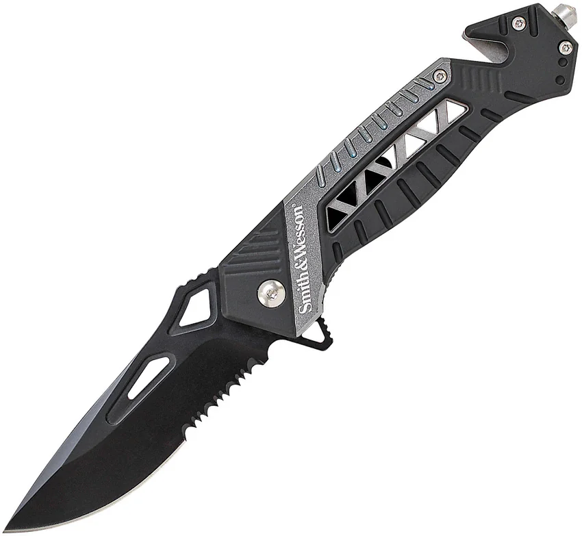 Smith & Wesson Rescue Liner Lock Knife Black/Gray (3.5" Black Serr) SW608S