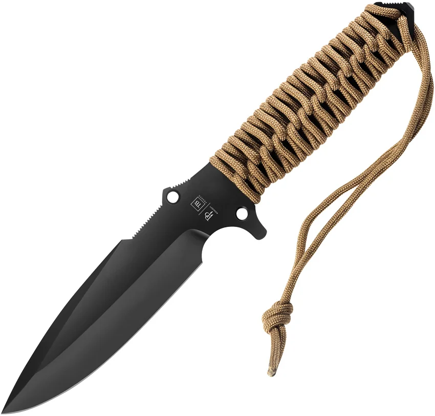 TB Outdoor Maraudeur Fixed Blade Knife w/Glass Breaker Tan Paracord (4.5" Black)