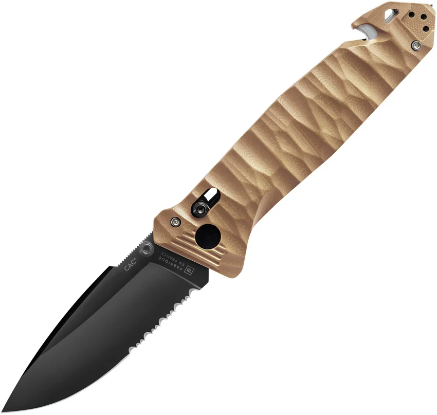 TB Outdoor CAC  Vengeur Bar Lock Knife Tan Polymer (3.7" Black Serr)