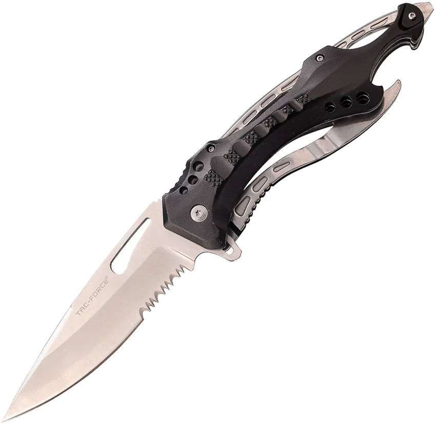 Tac-Force Spring Assisted Knife Black w/ Bottle Opener (4.4" Satin Serr)