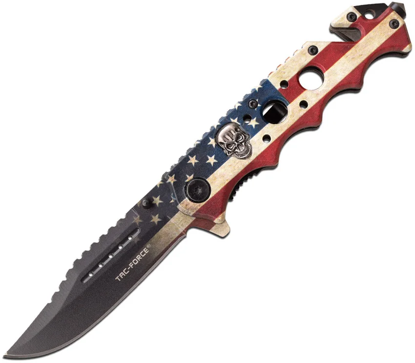 Tac-Force Spring Assisted Knife USA Flag/Skull (3.5" Black)