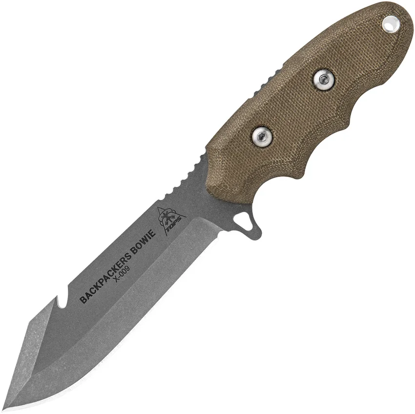 TOPS Knives Backpacker's Bowie Fixed Blade Green Canvas Micarta (4.5" Tumbled)