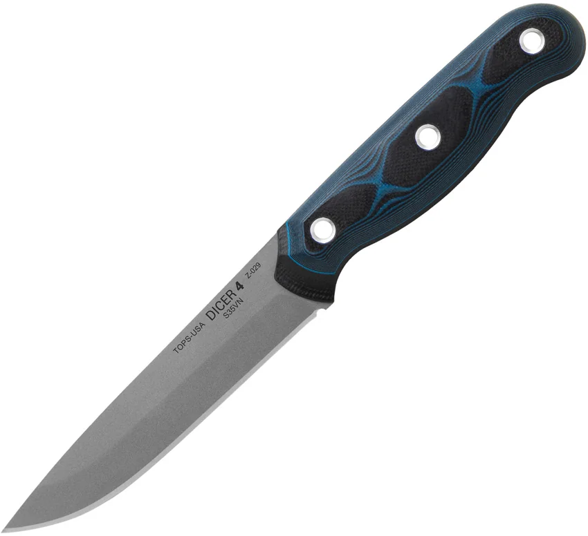 TOPS Knives Dicer 4 Drop Point Steak Knife Black/Blue G-10 (4.38" Tumbled S35VN)