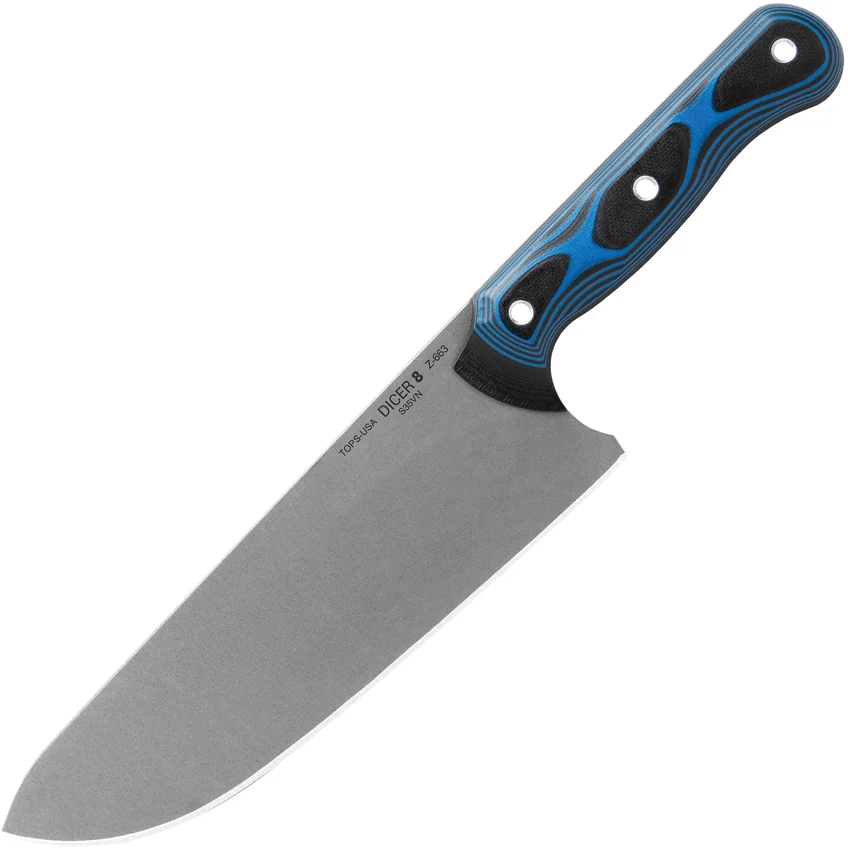 TOPS Knives Dicer 8 Drop Point Chef's Knife Black/Blue G10 (7.75" Tumbled S35VN)